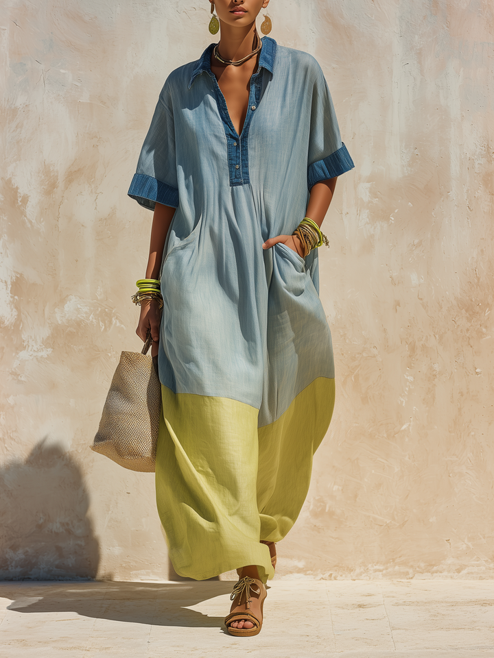 Morgan & Brooke | Two-Tone Blue Oversized Maxi Linen-Denim Dress