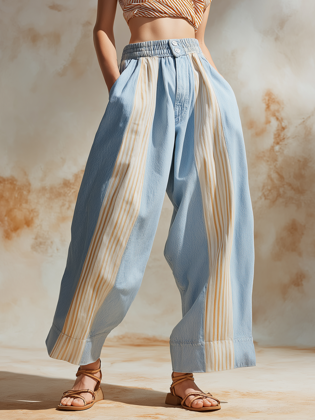 Morgan & Brooke | Blue Striped Patchwork Wide-Leg Denim Pants