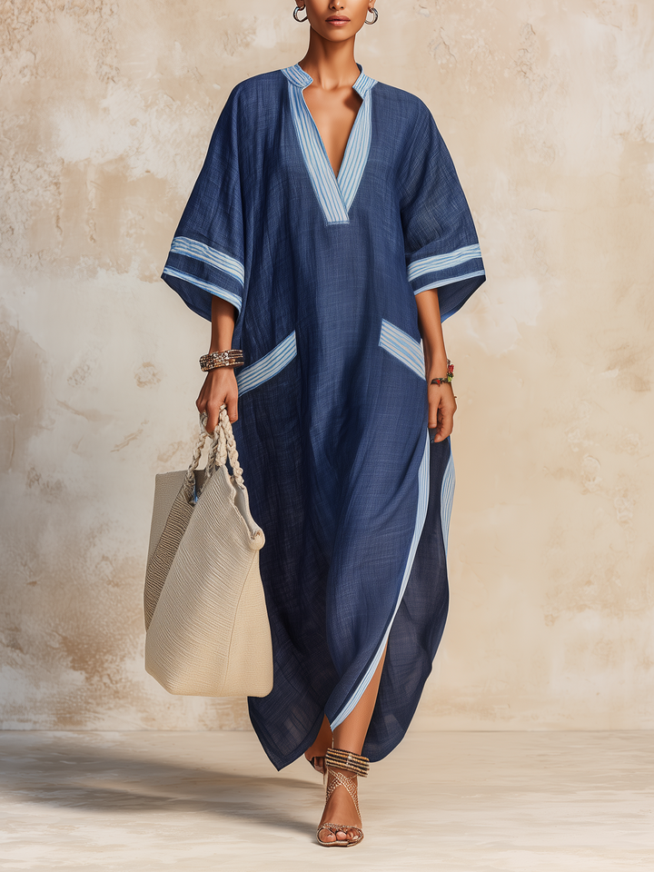 Morgan & Brooke | Navy Striped Kaftan Linen-Blend Maxi Dress