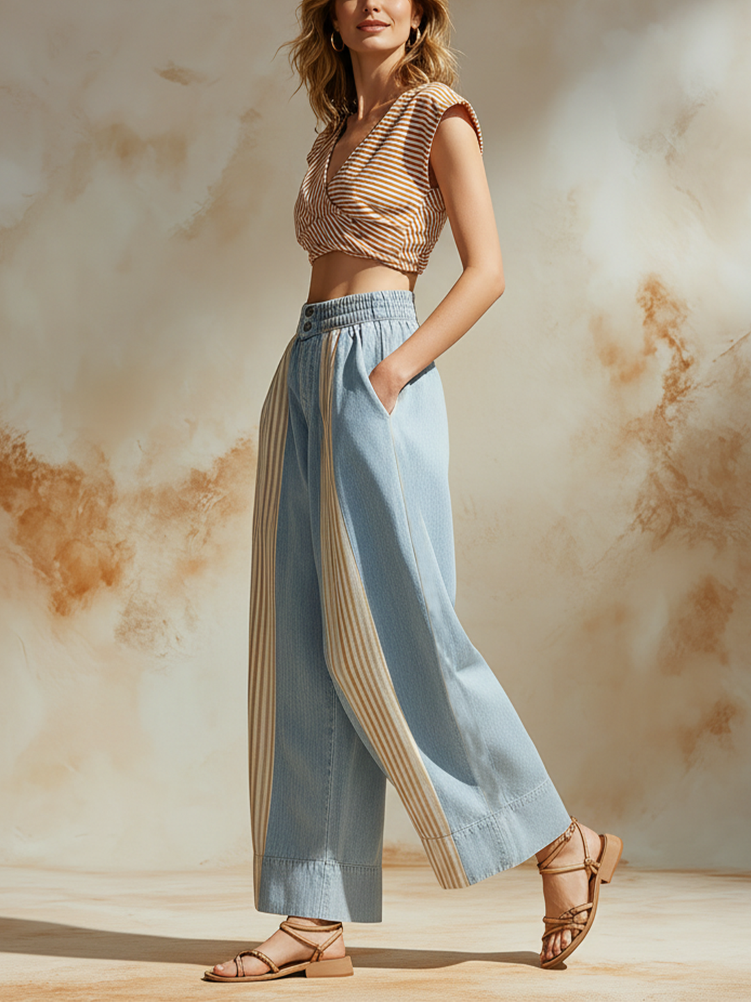 Morgan & Brooke | Blue Striped Patchwork Wide-Leg Denim Pants