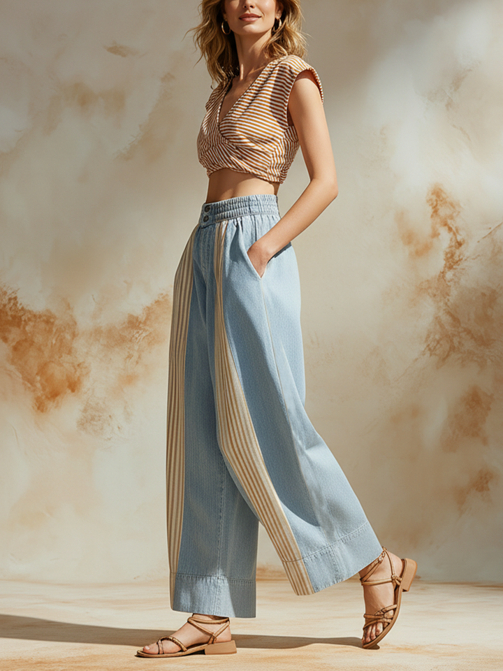 Morgan & Brooke | Blue Striped Patchwork Wide-Leg Denim Pants