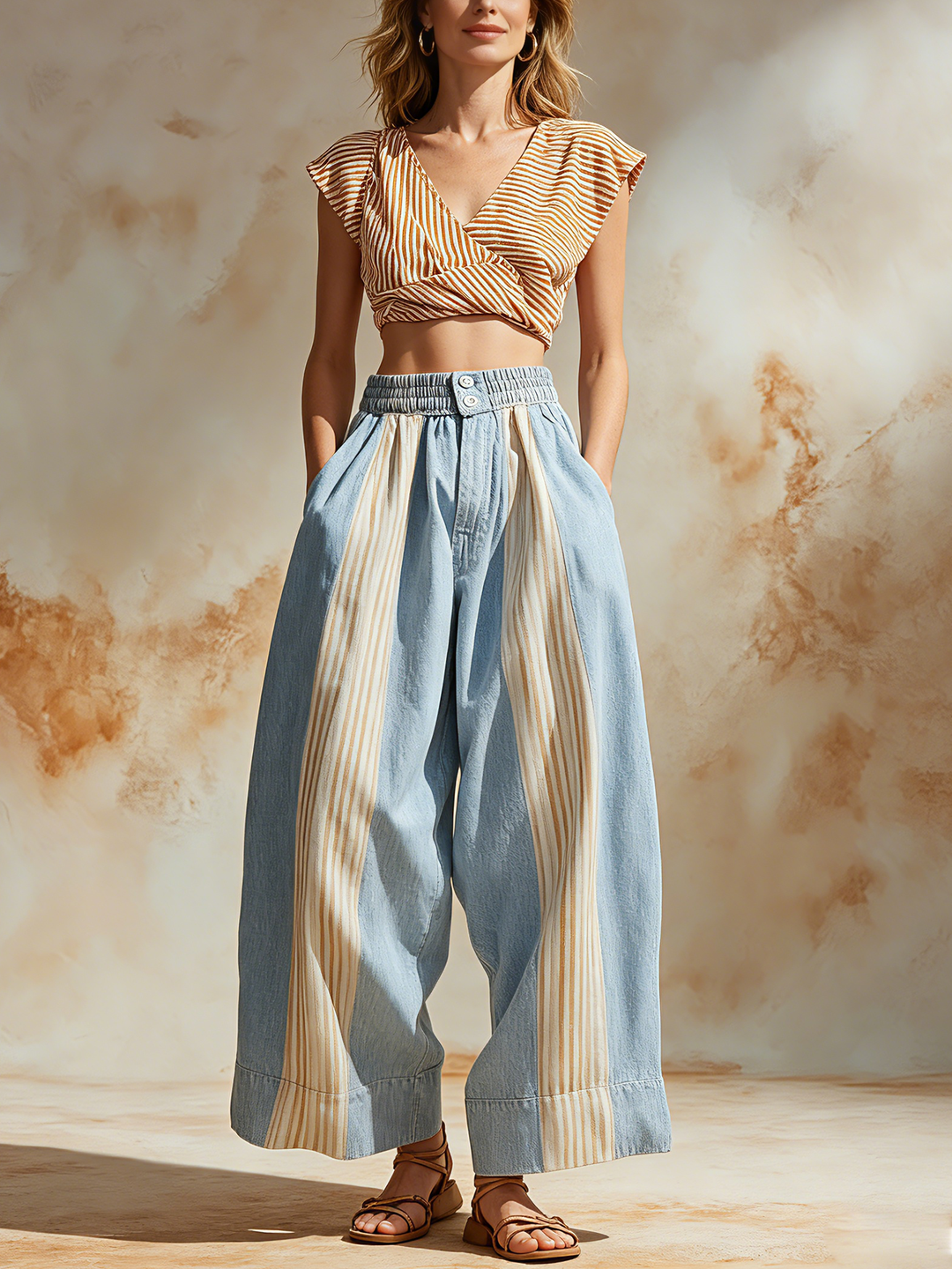 Morgan & Brooke | Blue Striped Patchwork Wide-Leg Denim Pants