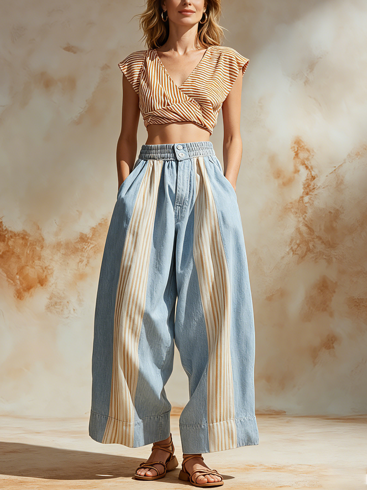 Morgan & Brooke | Blue Striped Patchwork Wide-Leg Denim Pants