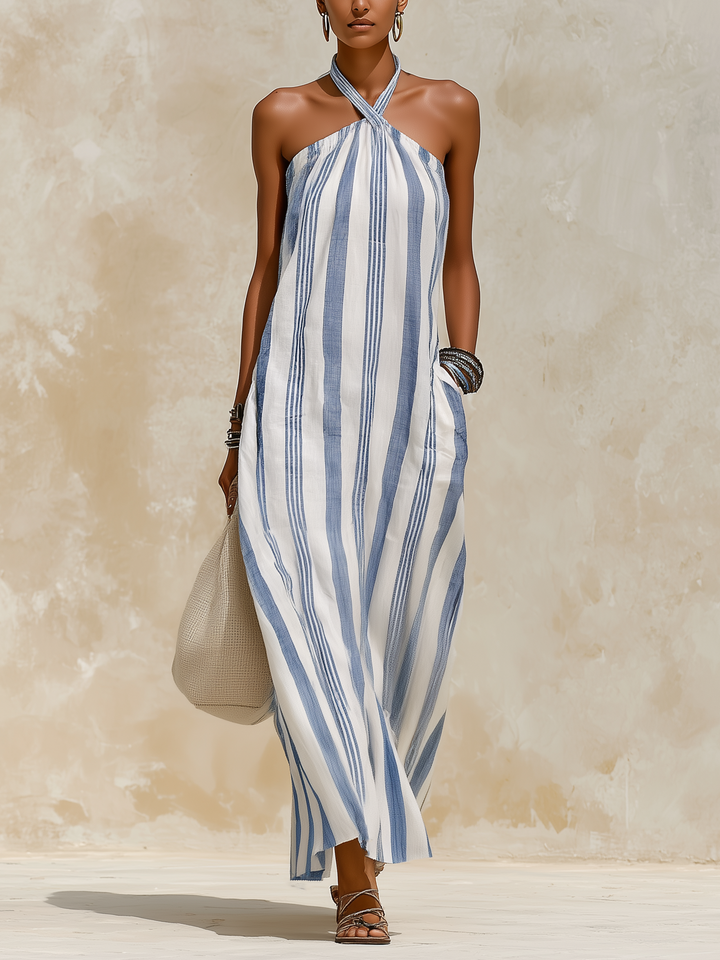 Morgan & Brooke | Navy-White Striped Halter Neck Maxi Linen-Blend Dress