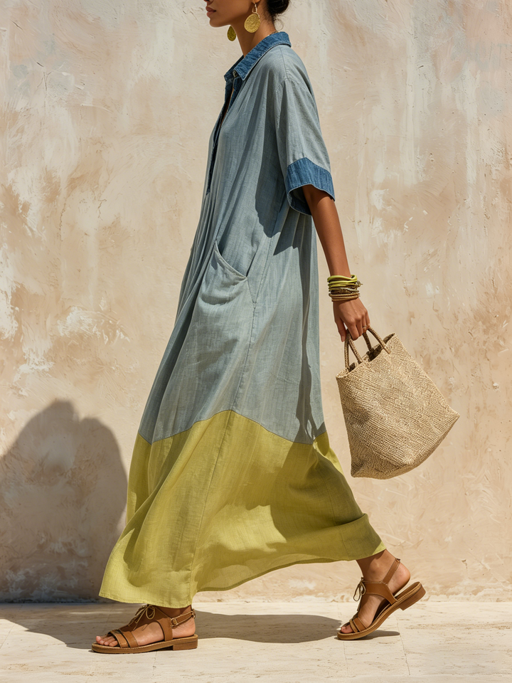 Morgan & Brooke | Two-Tone Blue Oversized Maxi Linen-Denim Dress
