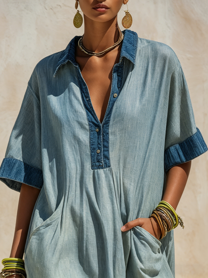 Morgan & Brooke | Two-Tone Blue Oversized Maxi Linen-Denim Dress