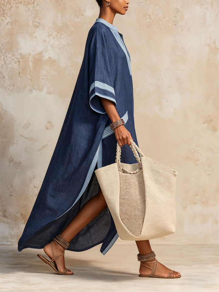 Morgan & Brooke | Navy Striped Kaftan Linen-Blend Maxi Dress