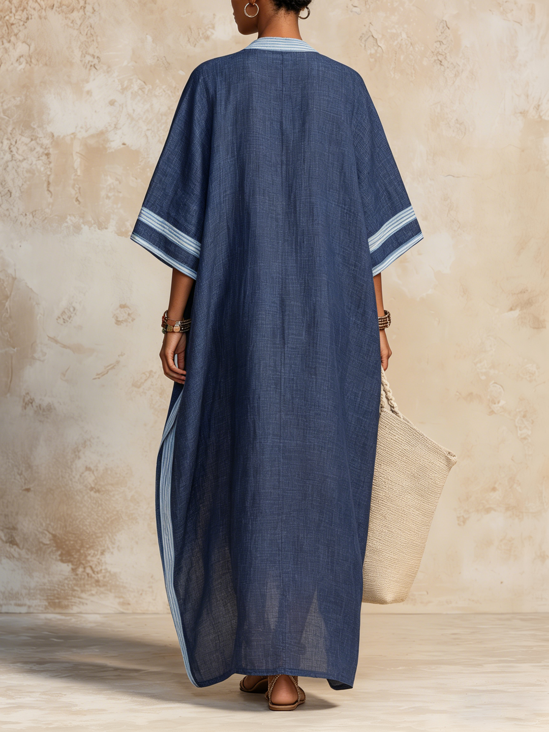 Morgan & Brooke | Navy Striped Kaftan Linen-Blend Maxi Dress