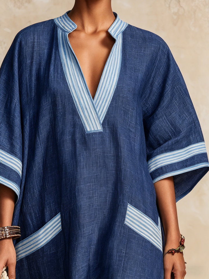 Morgan & Brooke | Navy Striped Kaftan Linen-Blend Maxi Dress