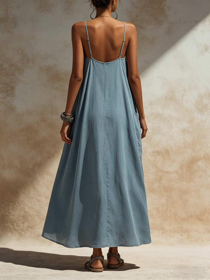 Morgan & Brooke | Slate Blue Maxi Slip Linen-Blend Dress