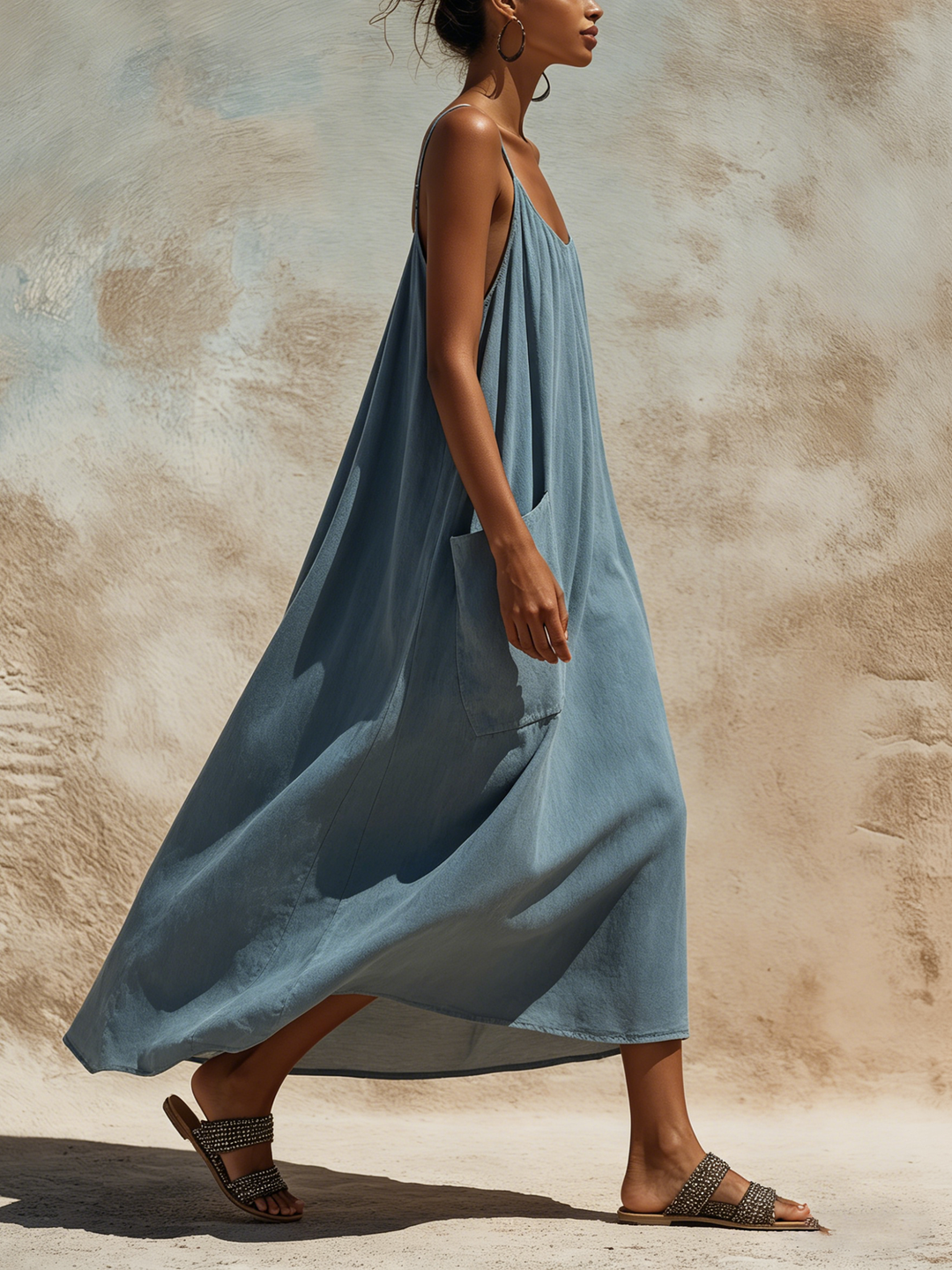 Morgan & Brooke | Slate Blue Maxi Slip Linen-Blend Dress