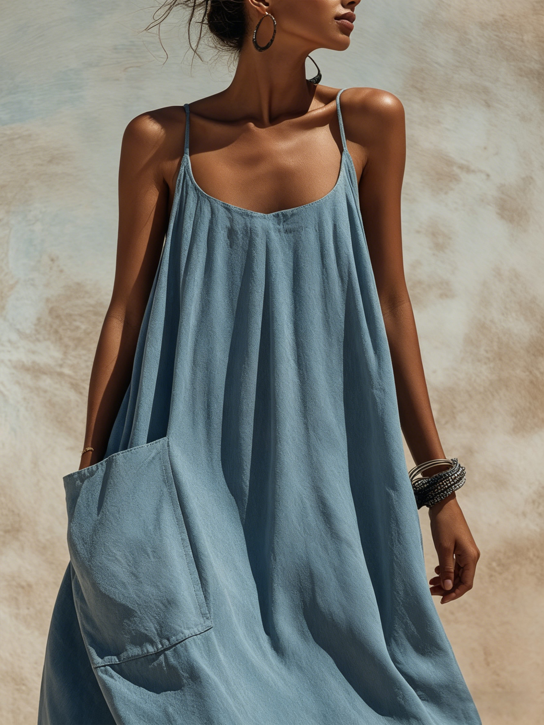 Morgan & Brooke | Slate Blue Maxi Slip Linen-Blend Dress