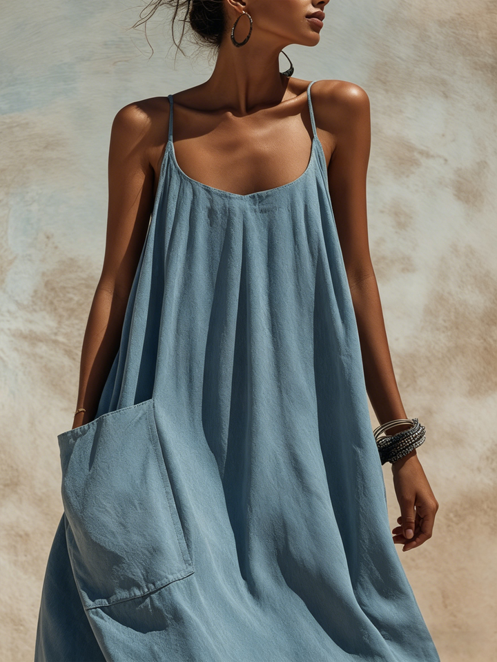 Morgan & Brooke | Slate Blue Maxi Slip Linen-Blend Dress