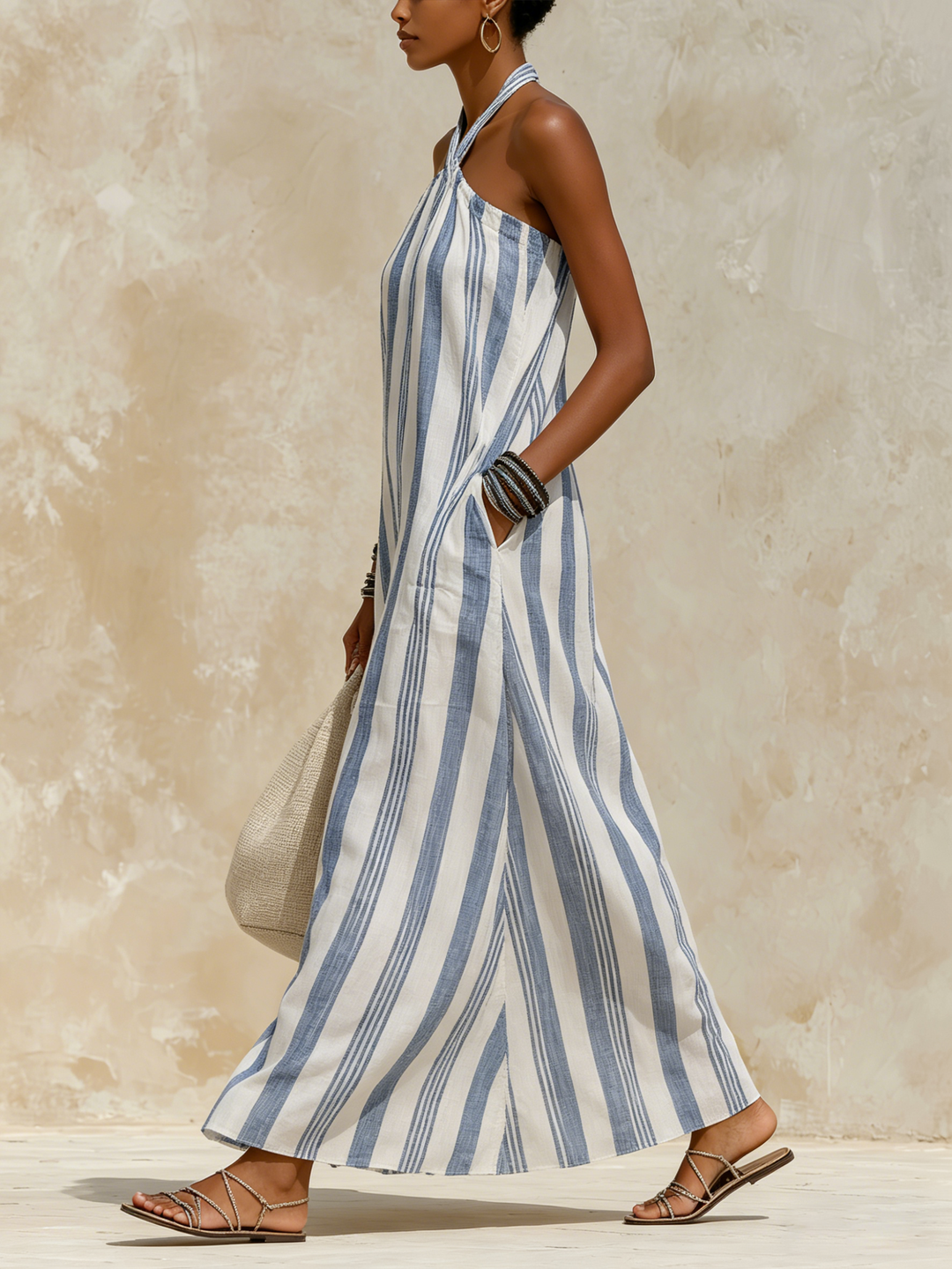Morgan & Brooke | Navy-White Striped Halter Neck Maxi Linen-Blend Dress