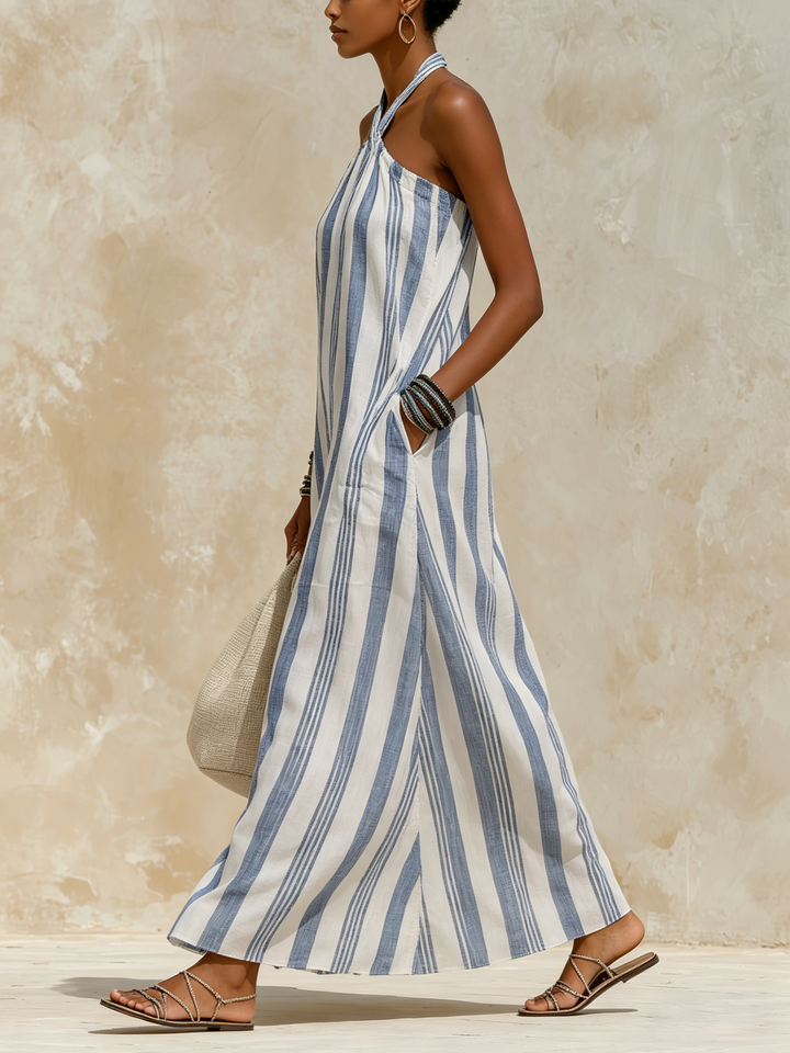 Morgan & Brooke | Navy-White Striped Halter Neck Maxi Linen-Blend Dress