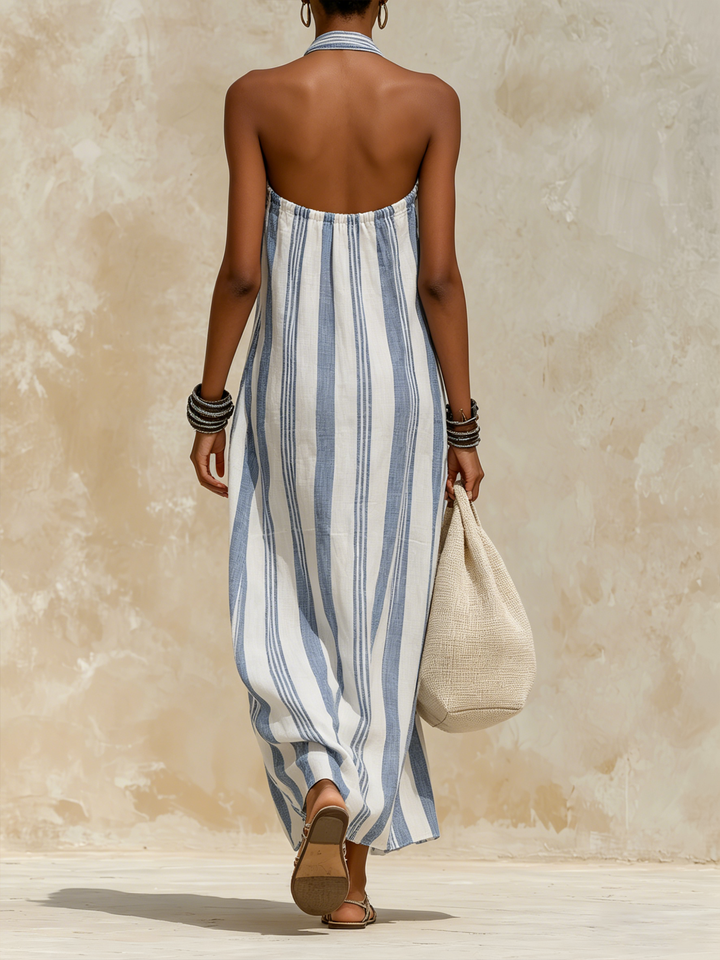Morgan & Brooke | Navy-White Striped Halter Neck Maxi Linen-Blend Dress