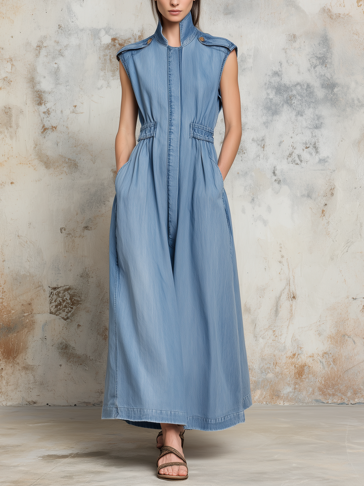 Morgan & Brooke | Light Wash Sleeveless Stand-Collar Denim Dress