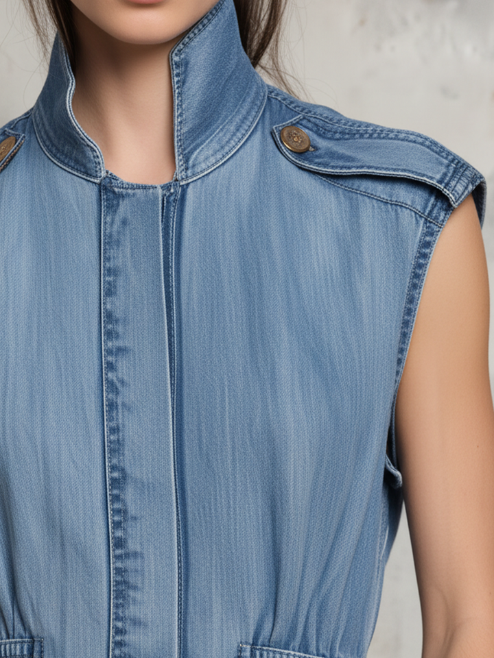Morgan & Brooke | Light Wash Sleeveless Stand-Collar Denim Dress