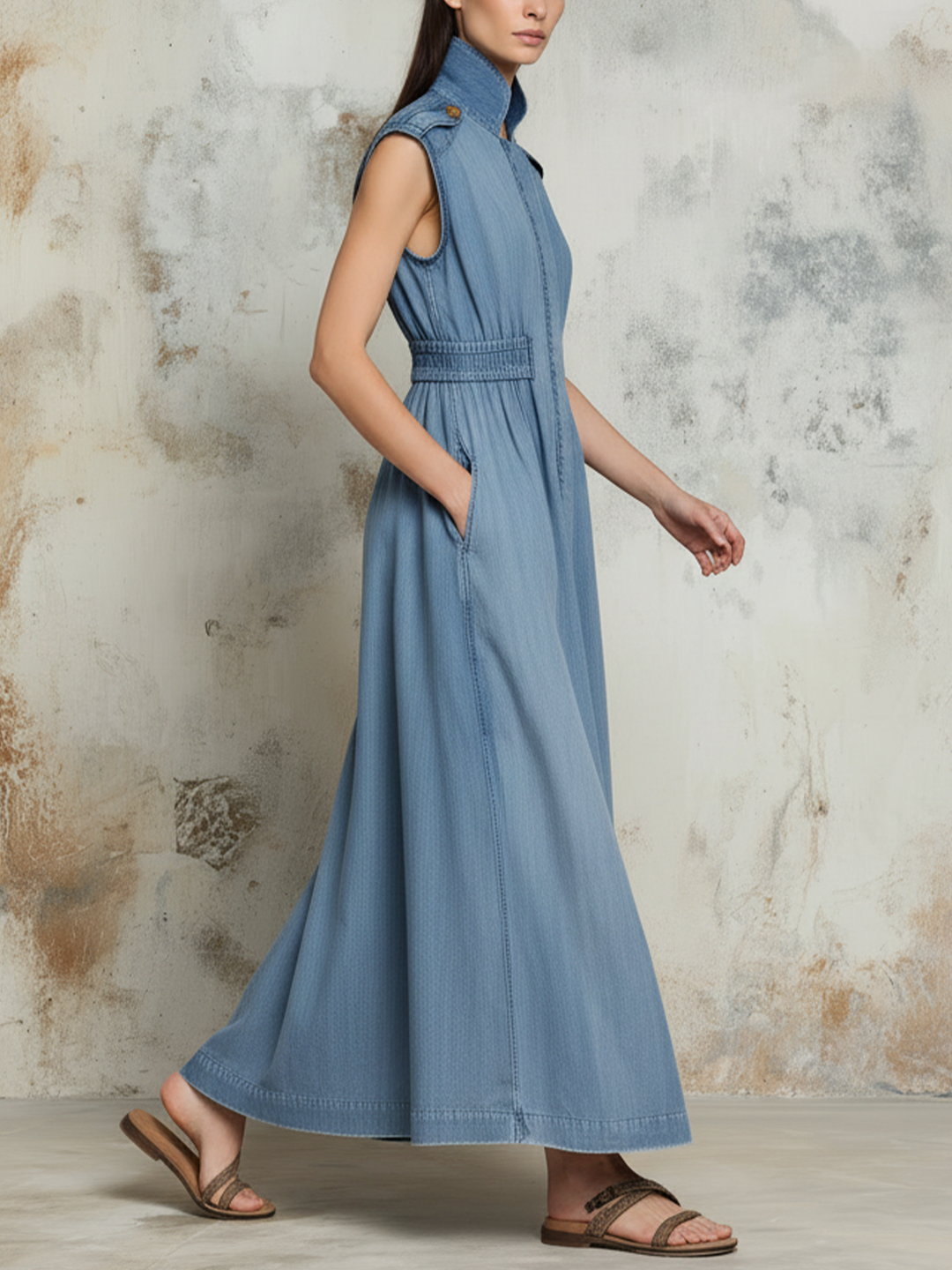 Morgan & Brooke | Light Wash Sleeveless Stand-Collar Denim Dress