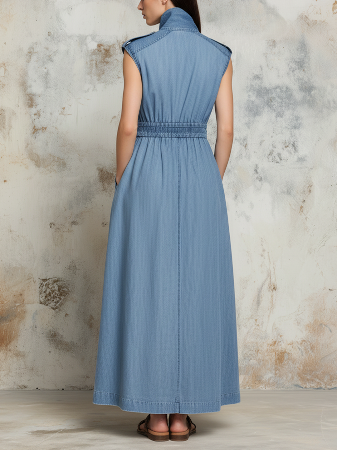 Morgan & Brooke | Light Wash Sleeveless Stand-Collar Denim Dress