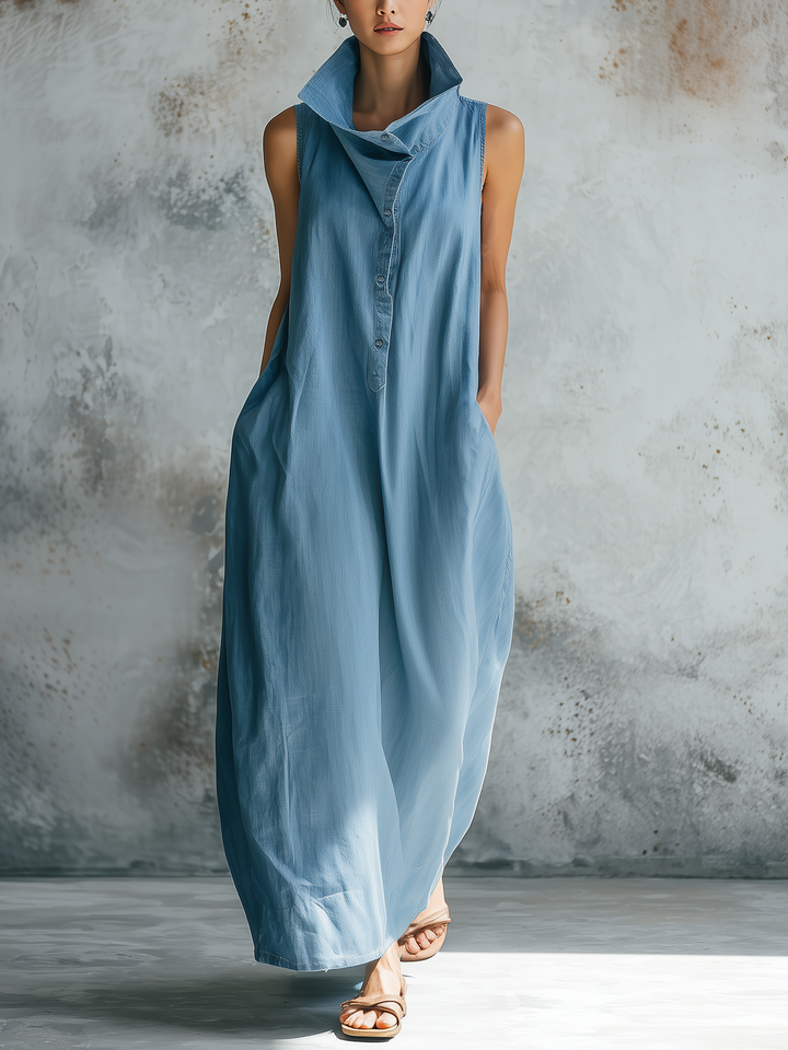Morgan & Brooke | Light Wash Sleeveless Collared Henley Denim Maxi Dress