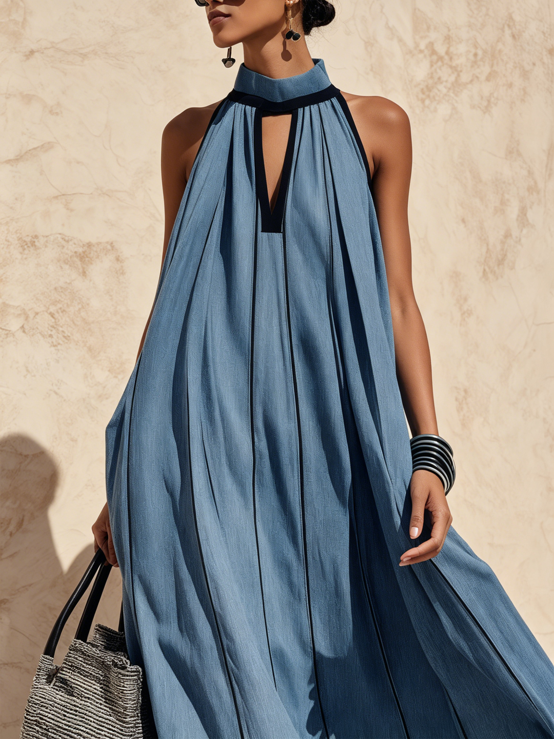 Morgan & Brooke | Halter-Neck Contrast-Trim Denim Maxi Dress