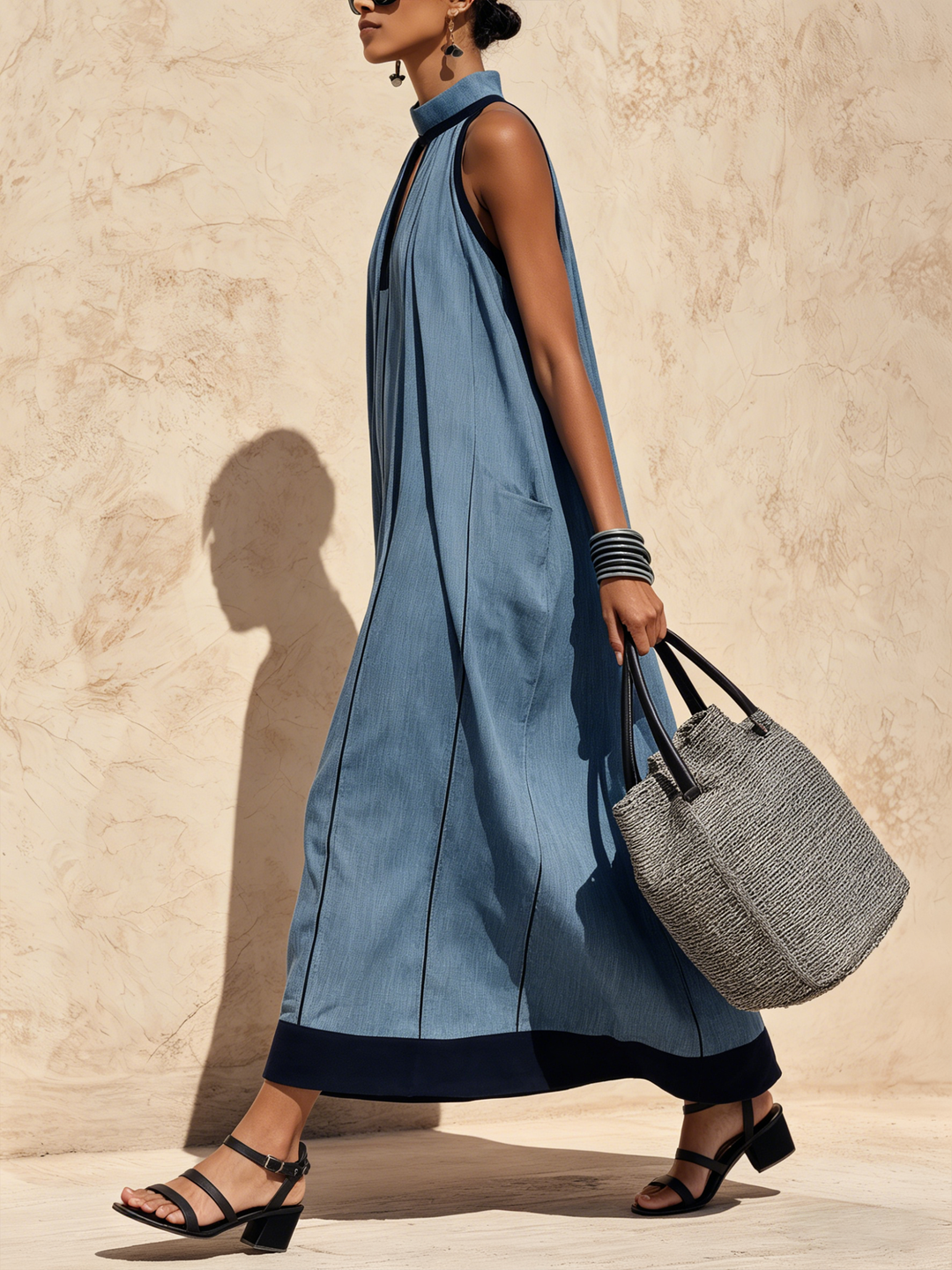 Morgan & Brooke | Halter-Neck Contrast-Trim Denim Maxi Dress