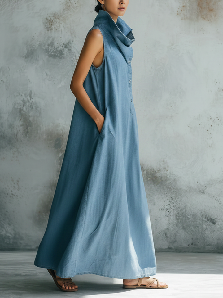 Morgan & Brooke | Light Wash Sleeveless Collared Henley Denim Maxi Dress