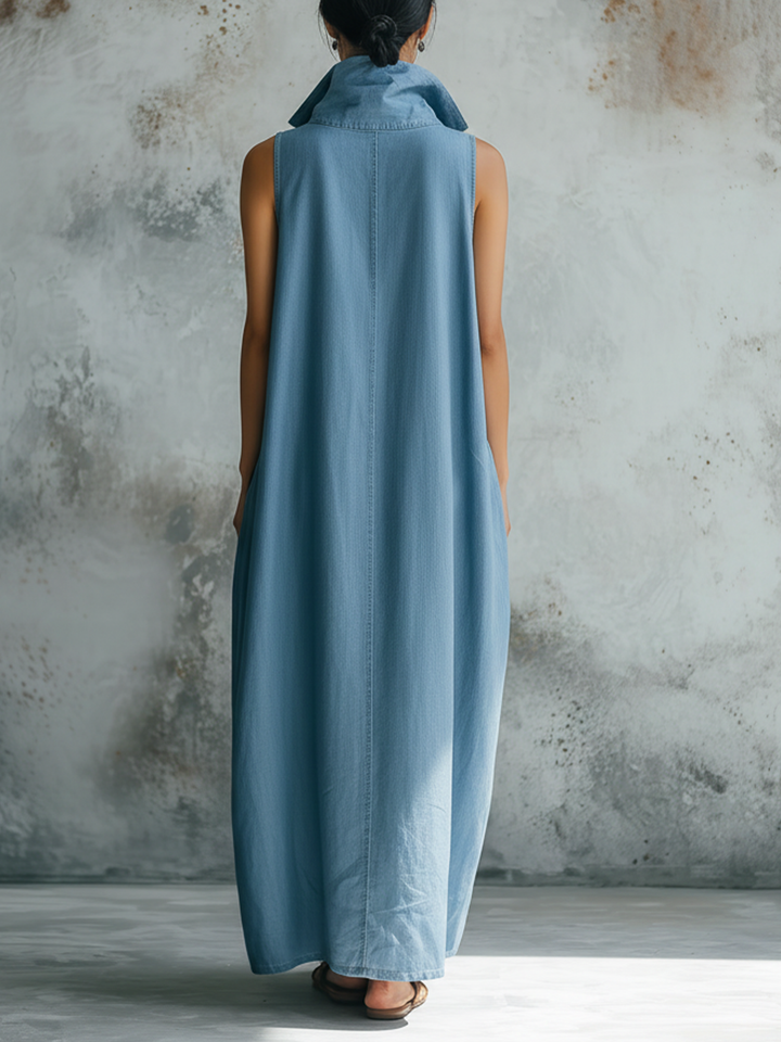 Morgan & Brooke | Light Wash Sleeveless Collared Henley Denim Maxi Dress