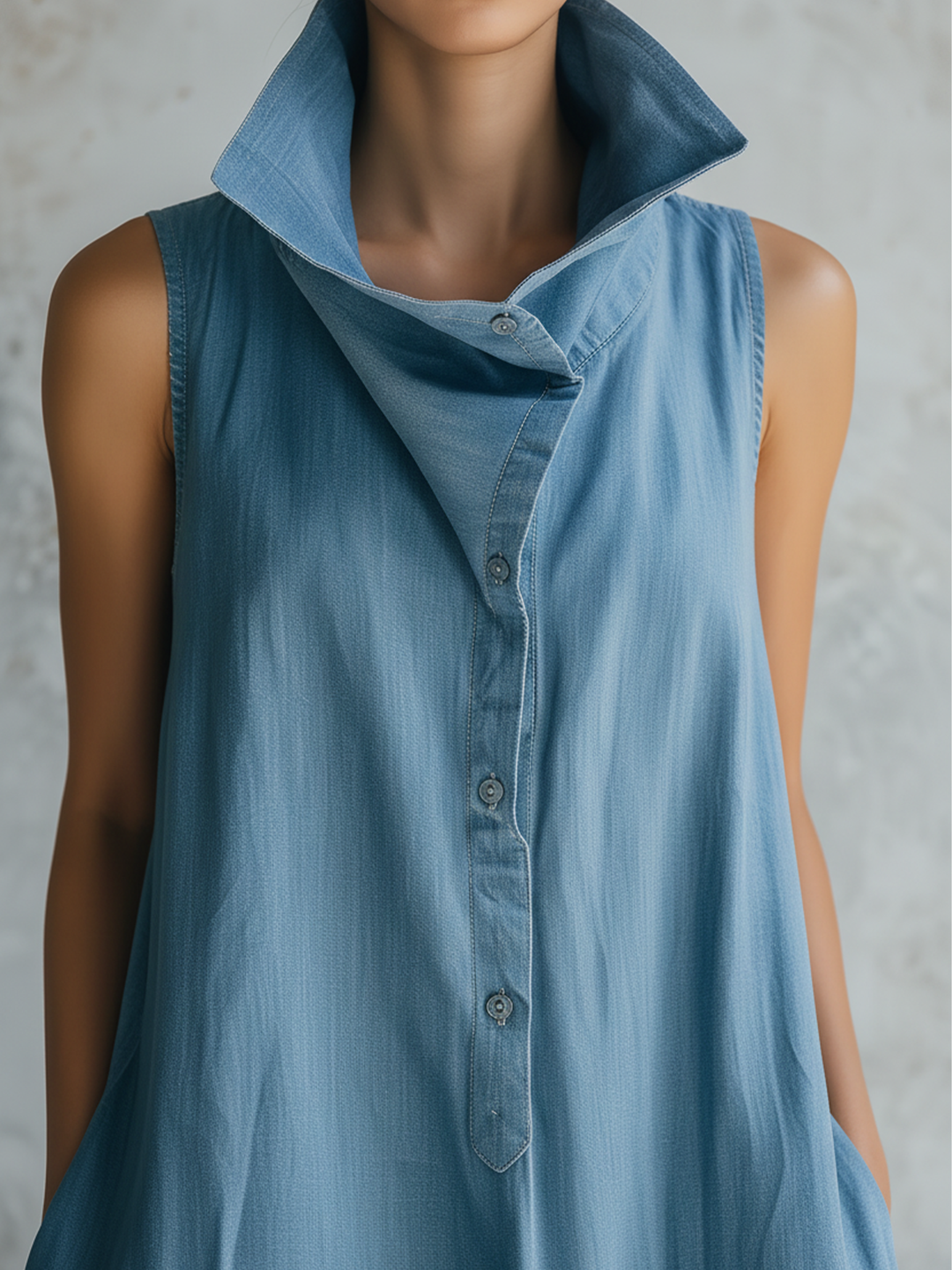 Morgan & Brooke | Light Wash Sleeveless Collared Henley Denim Maxi Dress