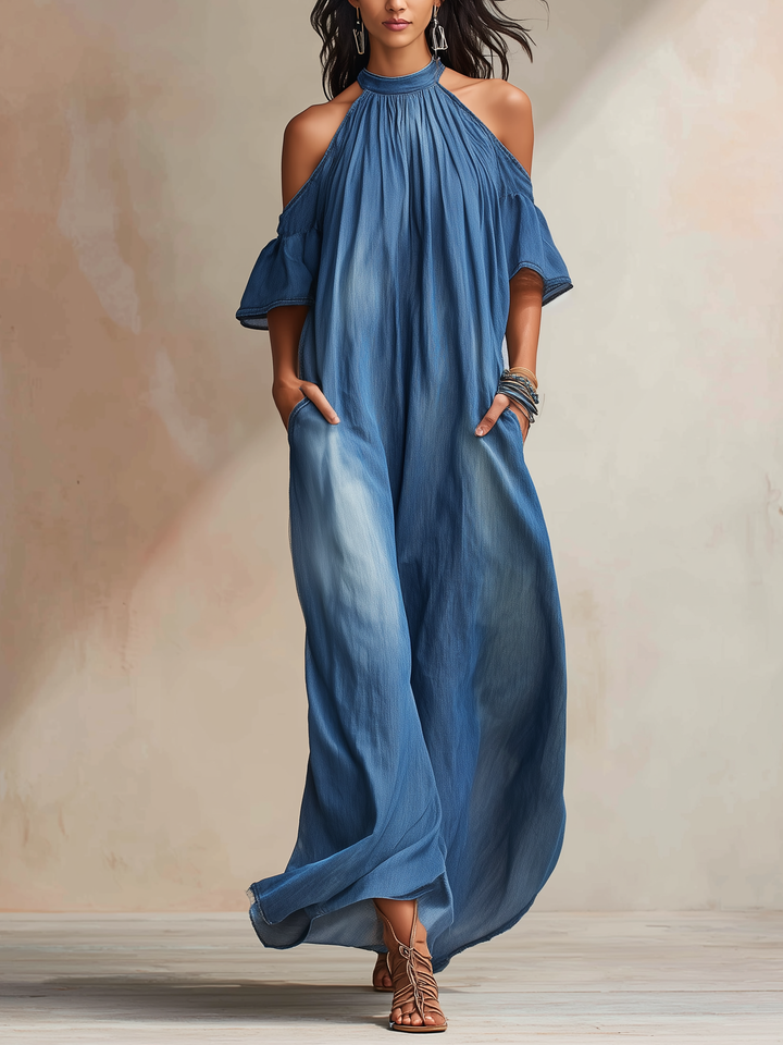 Morgan & Brooke | Blue Halter Neck Cold-Shoulder Tencel Denim Maxi Dress