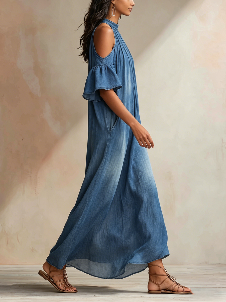 Morgan & Brooke | Blue Halter Neck Cold-Shoulder Tencel Denim Maxi Dress