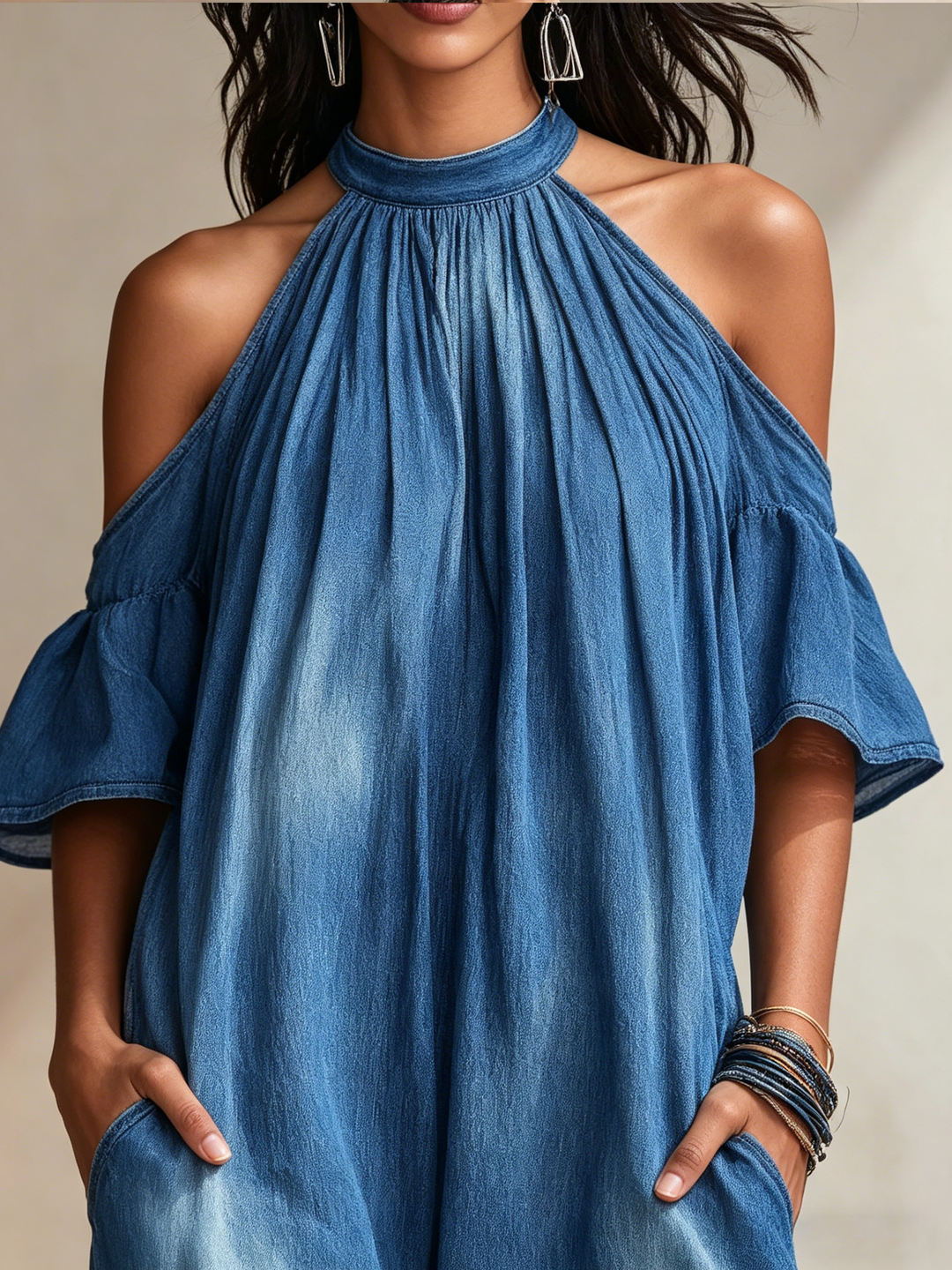 Morgan & Brooke | Blue Halter Neck Cold-Shoulder Tencel Denim Maxi Dress