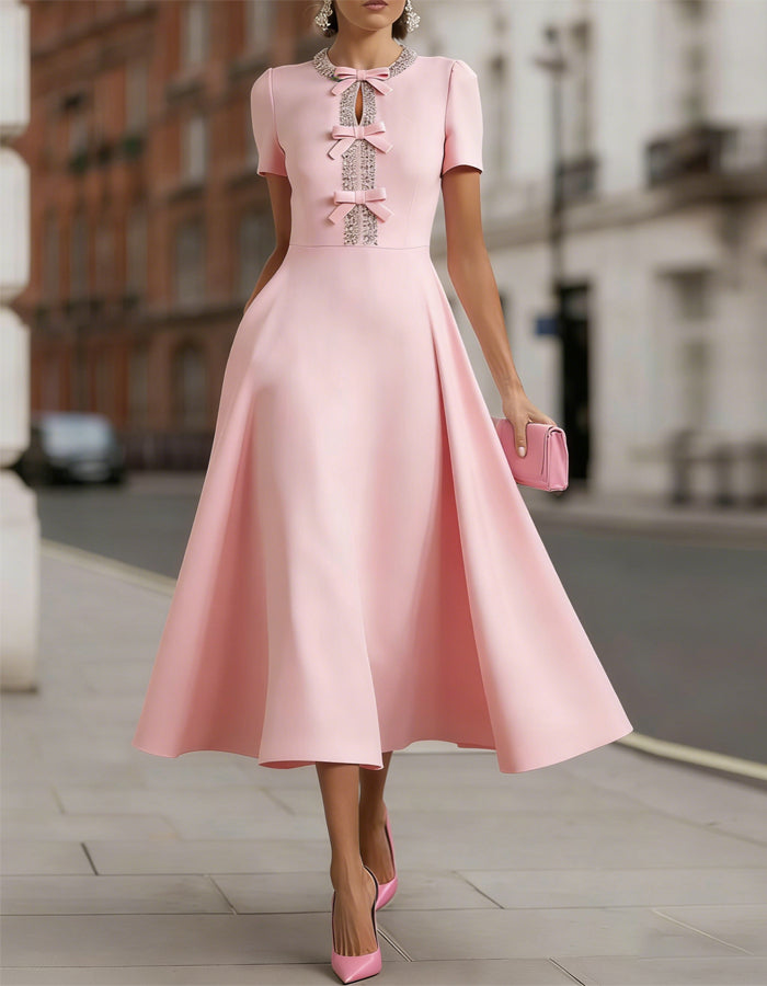 Morgan & Brooke | Pink Satin Rhinestone Bow Detail Dress