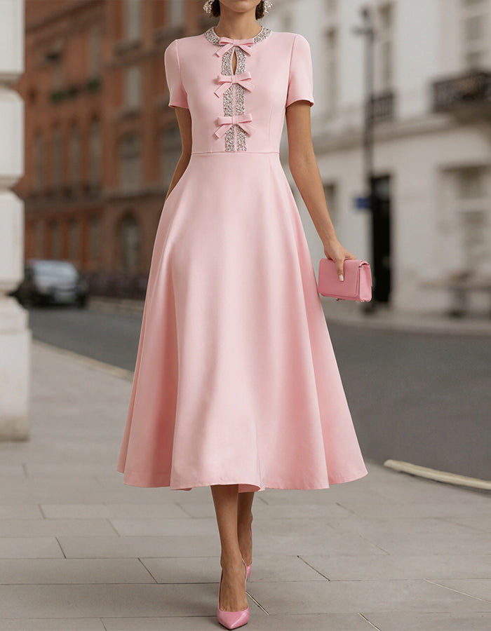 Morgan & Brooke | Pink Satin Rhinestone Bow Detail Dress