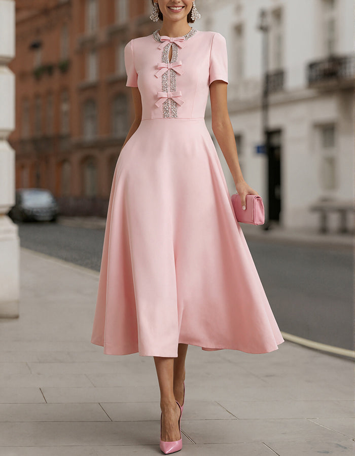 Morgan & Brooke | Pink Satin Rhinestone Bow Detail Dress