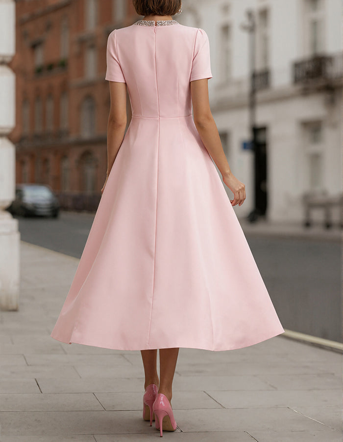 Morgan & Brooke | Pink Satin Rhinestone Bow Detail Dress