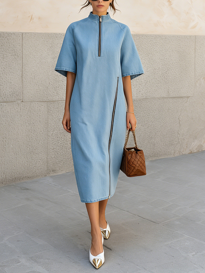 Morgan & Brooke | Light Wash Half-Zip Midi Denim Dress