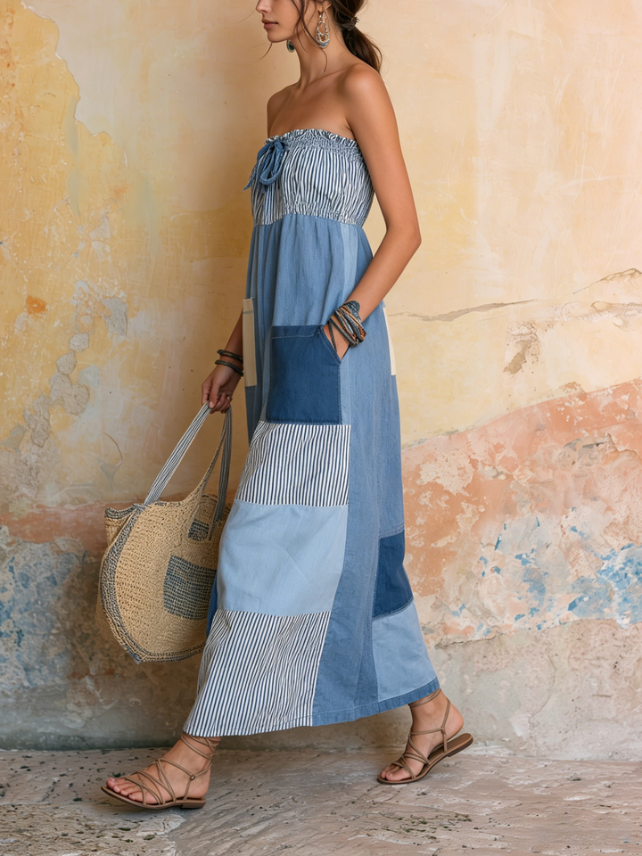 Morgan & Brooke | Natural Halter-Neck Flowy Cotton-Linen Maxi Dress