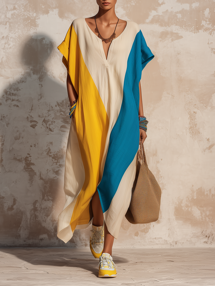 Morgan & Brooke | Color-Block Split-Hem Side-Pocket Woven Caftan Maxi Dress