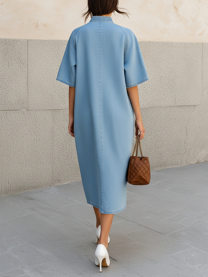 Morgan & Brooke | Light Wash Half-Zip Midi Denim Dress