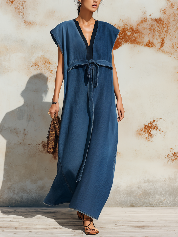 Morgan & Brooke | Lightwash V-Neck Front-Tie Denim Dress
