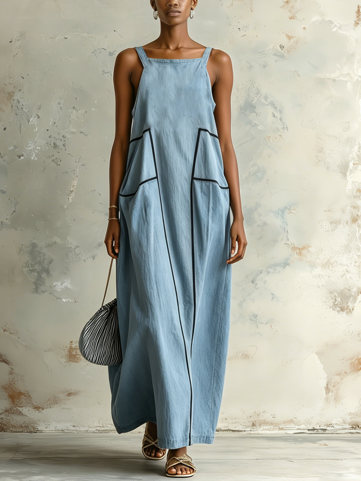 Morgan & Brooke | Light Blue Contrast-Trim Cami Denim Maxi Dress