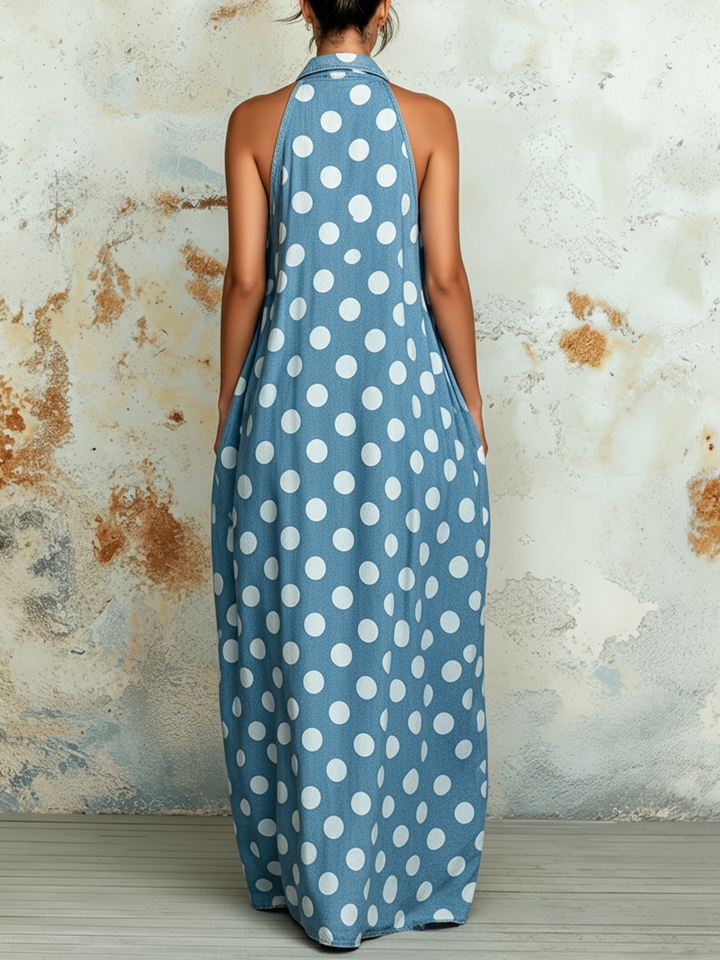 Morgan & Brooke | Light Indigo Polka Dot Halter Denim Maxi Dress