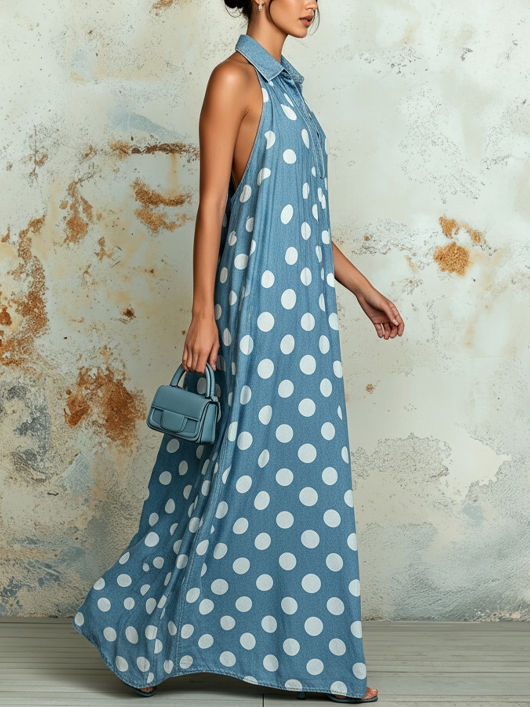 Morgan & Brooke | Light Indigo Polka Dot Halter Denim Maxi Dress