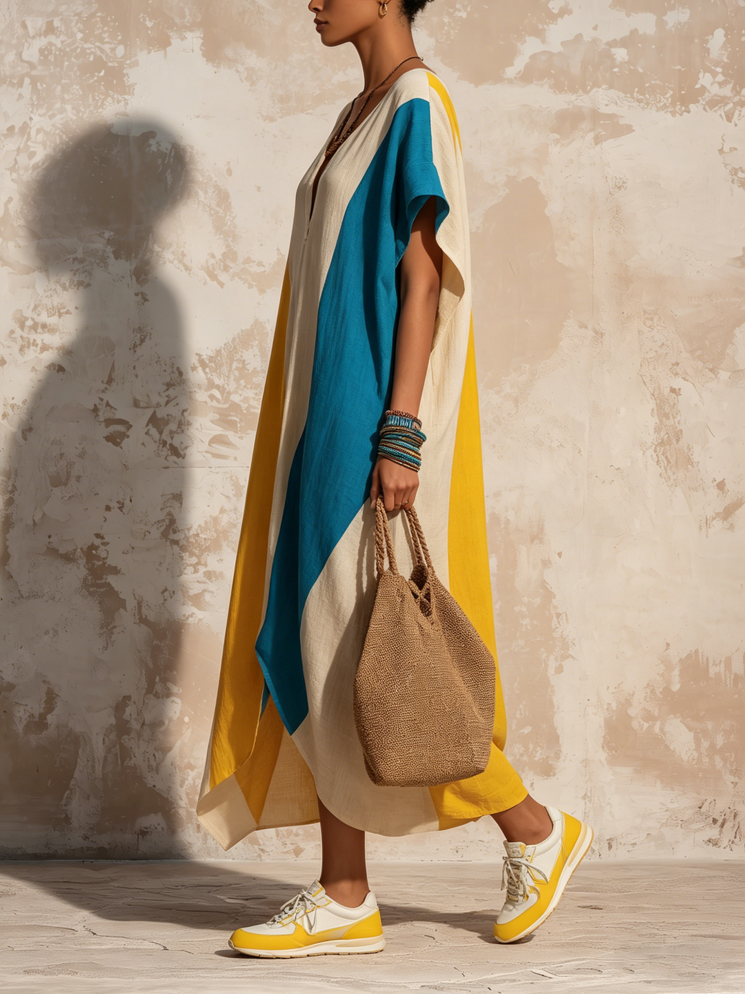 Morgan & Brooke | Color-Block Split-Hem Side-Pocket Woven Caftan Maxi Dress