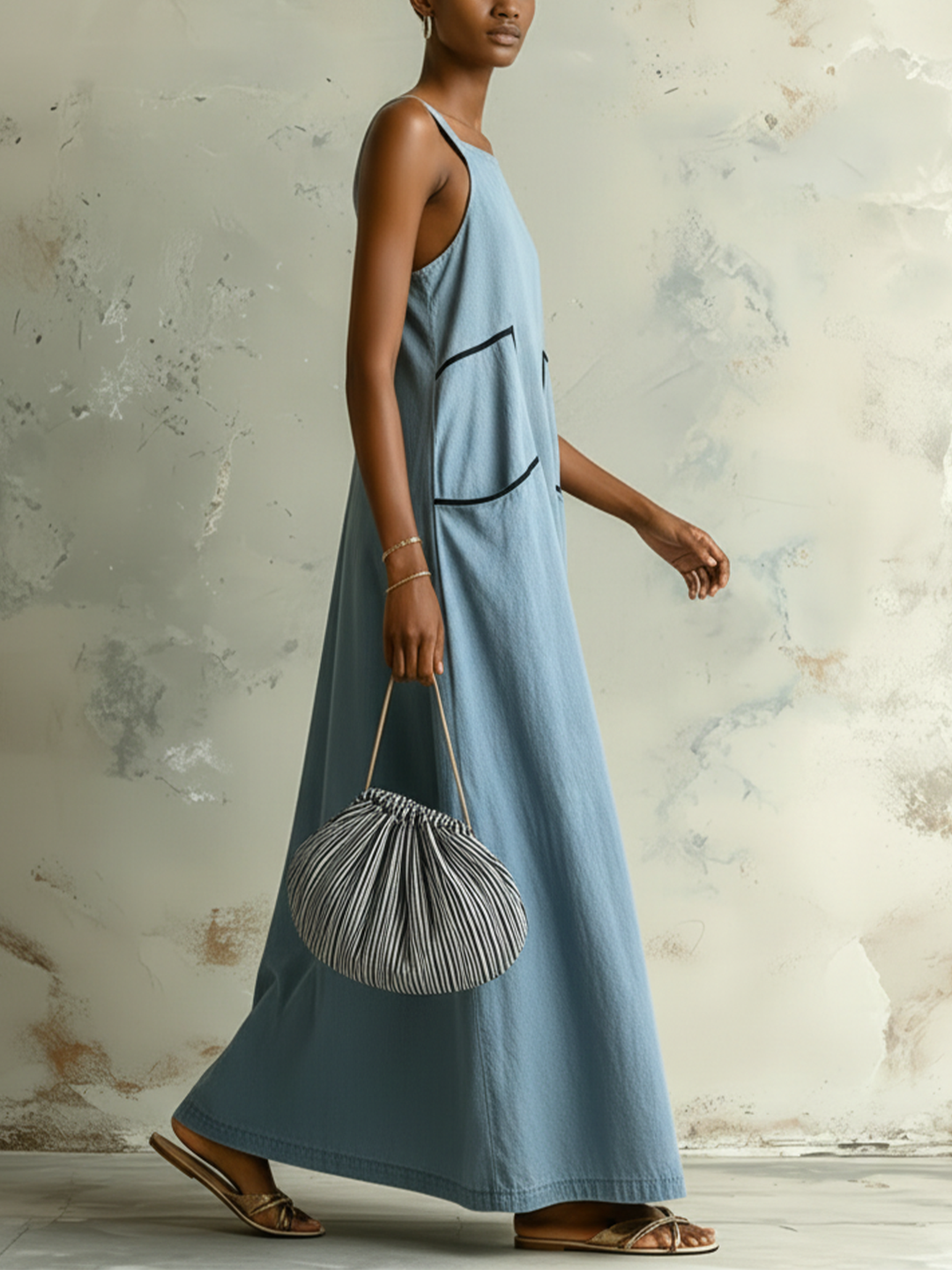 Morgan & Brooke | Light Blue Contrast-Trim Cami Denim Maxi Dress