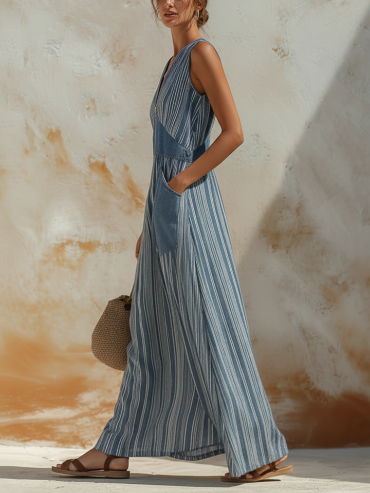 Morgan & Brooke | Blue & White Striped Sleeveless Front-Zip Denim Maxi Dress