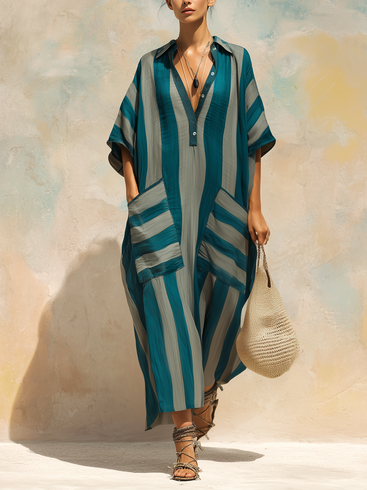 Morgan & Brooke | Teal Striped Kaftan Linen-Blend Maxi Dress
