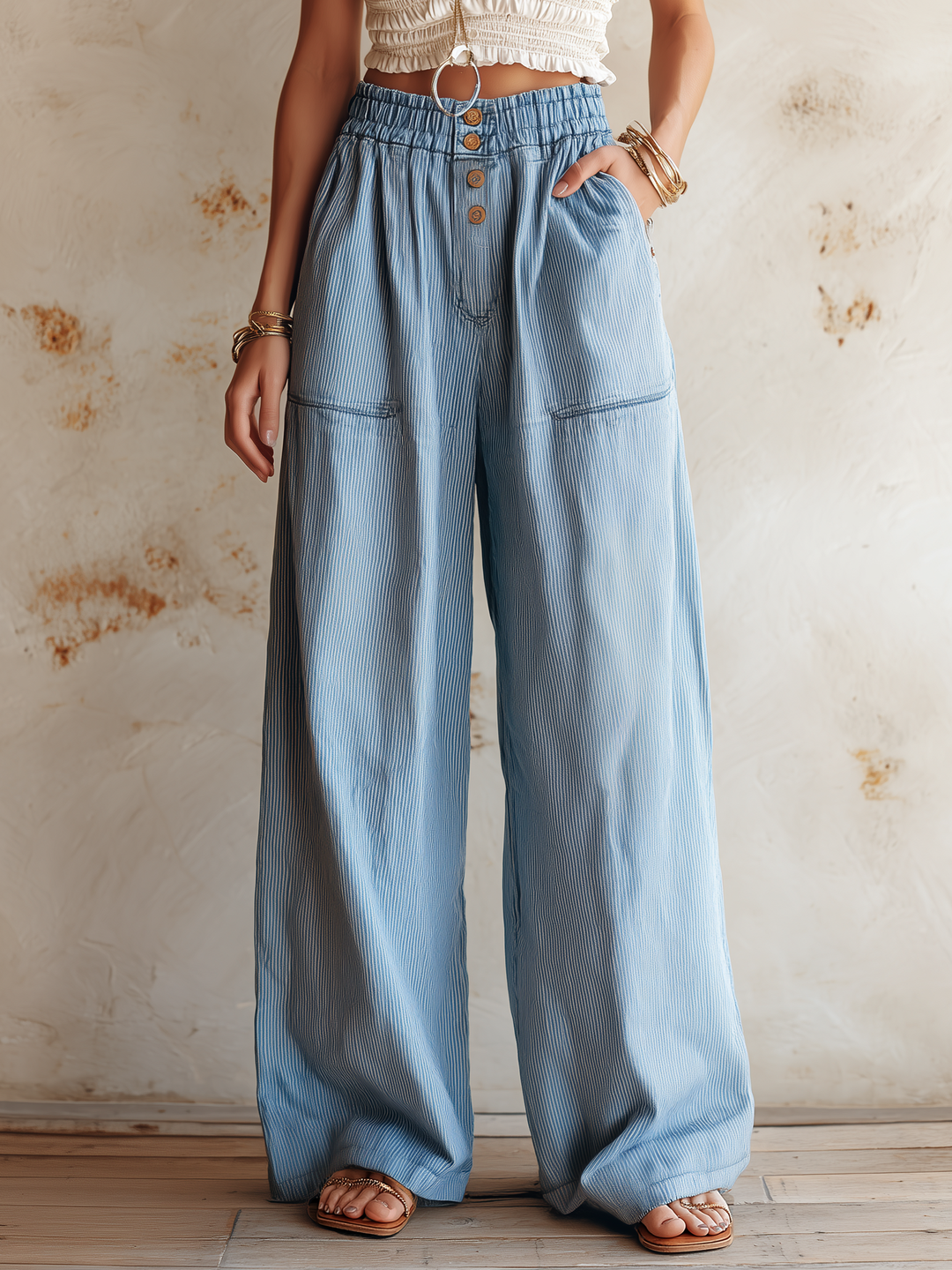 Morgan & Brooke | Light Wash Striped High-Waist Denim Pants